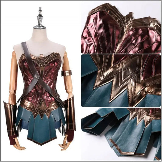 Wonder Woman Cosplay Costume – Diana Brown Top & Faux Leather Corset Set for Adults