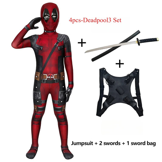 Deadpool Kids Cosplay Costume – Superhero Jumpsuit with Swords