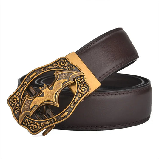 Vintage Bat Silver Gold Automatic Buckle Leather Belt