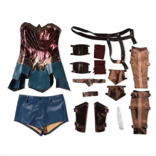 Wonder Woman Cosplay Costume – Diana Brown Top & Faux Leather Corset Set for Adults